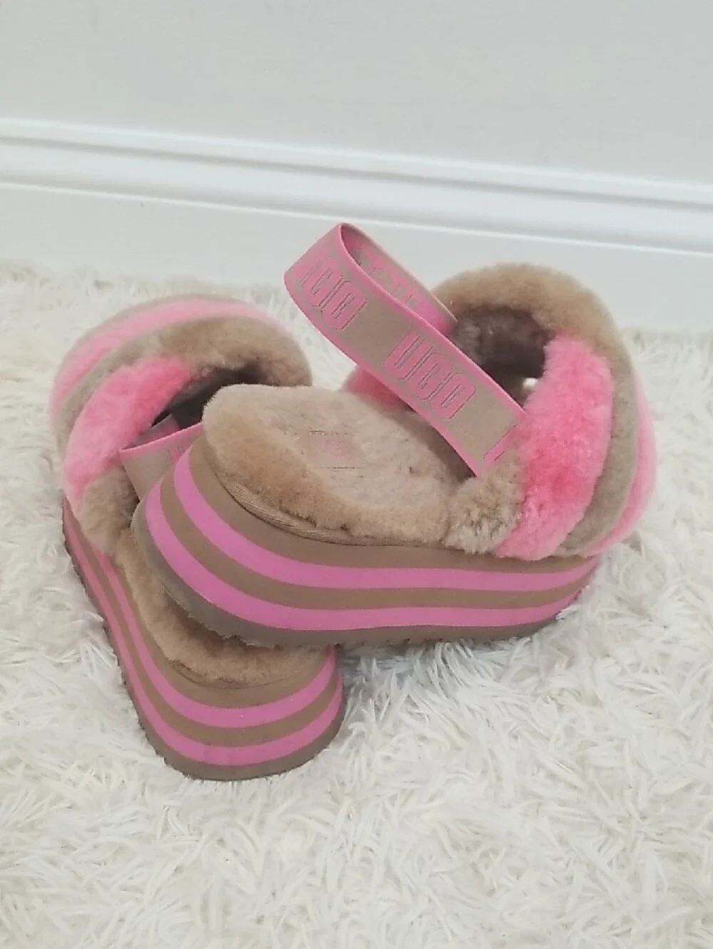 UGG Pink & Beige Fuzzy Platform Slide Sandals